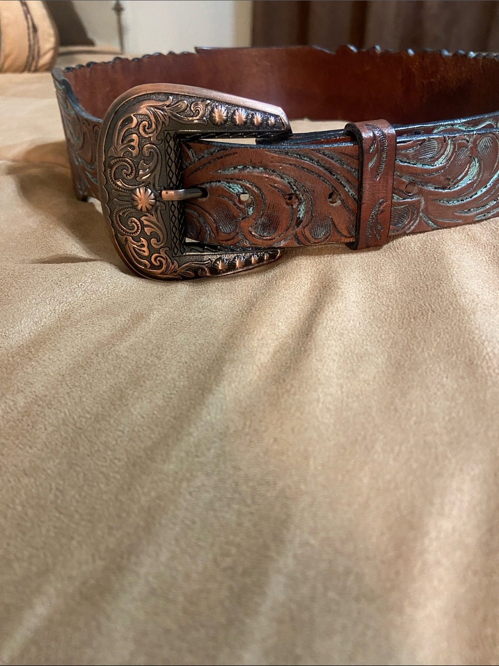 Women's Brown Tooled Leather Belt with Decorative Buckle